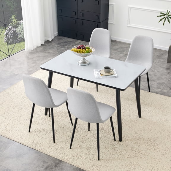 Hi loPres 47" 5-Piece Dining Set for Apartments, White Faux Marble Table with 4 Light Gray Chairs, 1.3" Thick Top and Stable Black Legs Modern Kitchen Suite