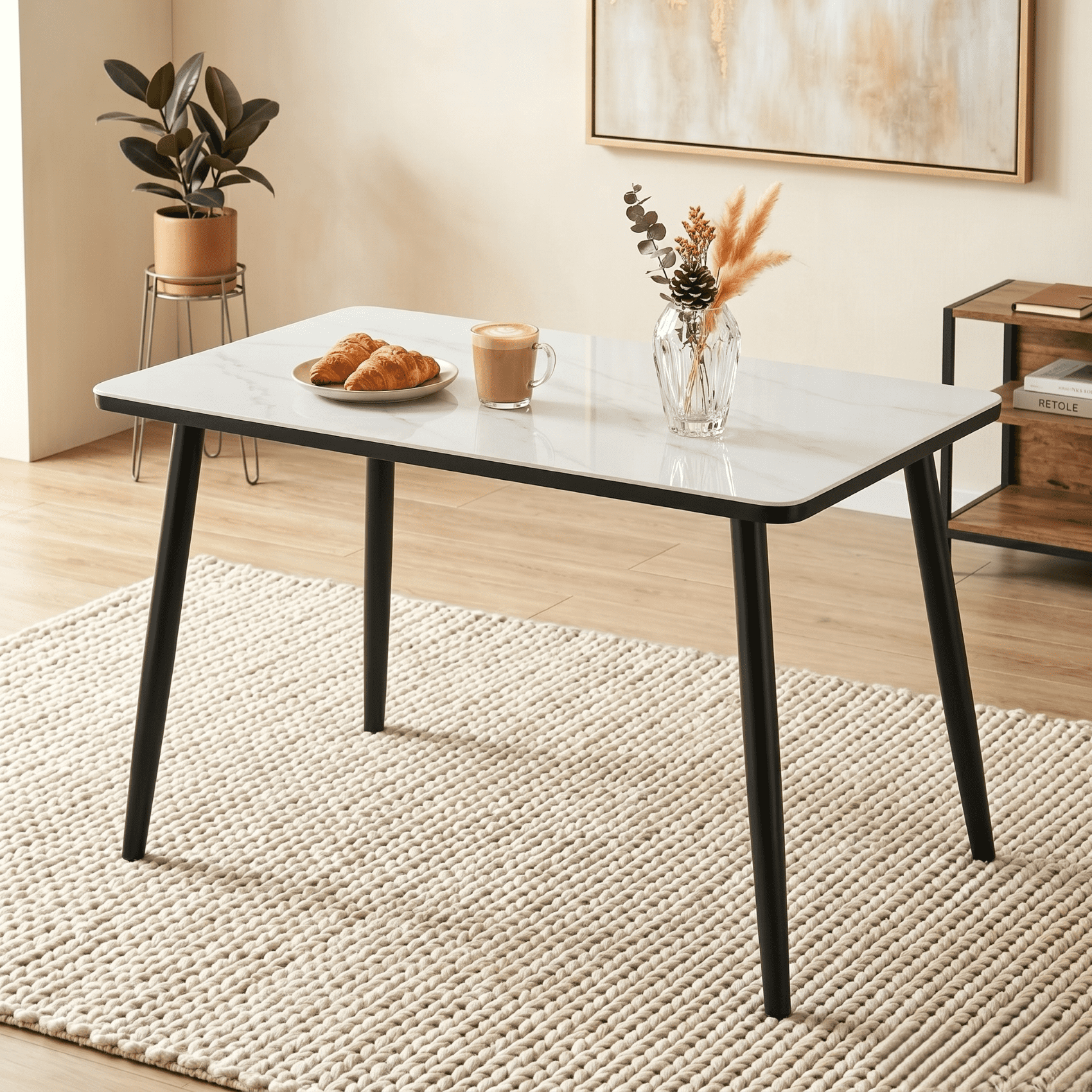 Hi loPres 47" Tempered Glass & MDF Composite Tabletop Dining Table, Modern White Faux Marble Kitchen Table with Black Metal Legs for Small Spaces and Apartments