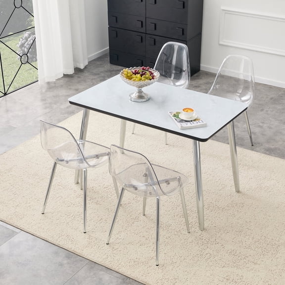 Hi loPres 5-Piece Dining Set, 47" White Faux Marble Table and 4 Clear Chairs, Modern Kitchen Furniture with Silver Metal Legs