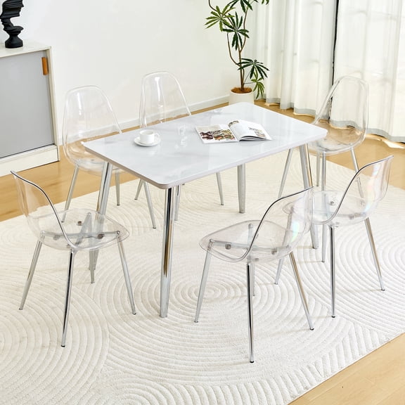 Hi loPres 47" White Faux Marble Table with 6 Clear Chairs, 7-Piece Dining Set with 1.3" Thick Top and Stable Silver Metal Legs, Modern Kitchen Suite
