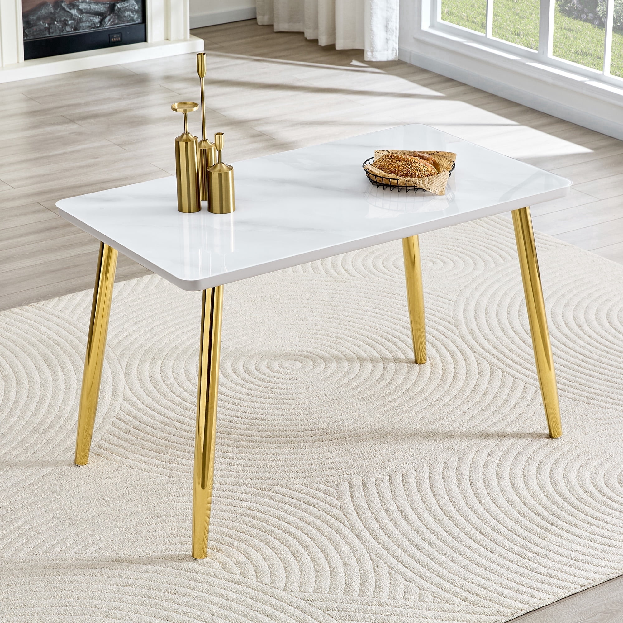 Hi loPres 47" White Modern Rectangular Dining Table for Apartments, Faux Marble Tempered Glass Top Kitchen Desk with Stable Gold Metal Legs, Minimalist Style