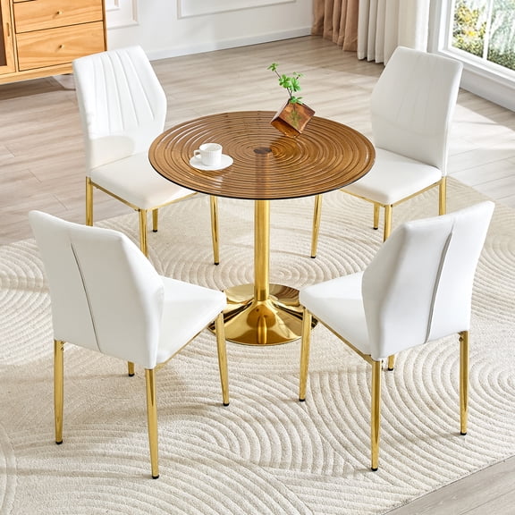 Hi loPres 5-Piece Dining Set, 35" Round Brown Glass Table with Gold Pedestal Base and White PU Chairs for Small Kitchen