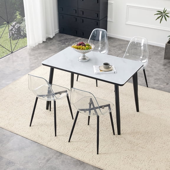 Hi loPres 5-Piece Dining Set, 47" White Faux Marble Table with 4 Clear Chairs, Modern Kitchen Set with 1.3" Thick Top and Stable Black Metal Legs