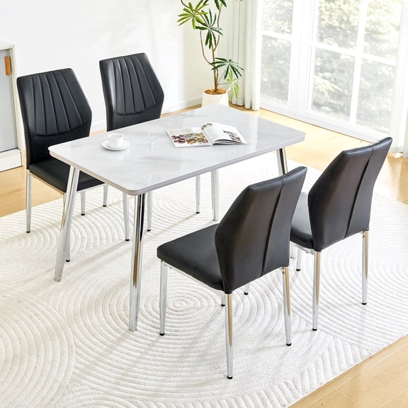 Hi loPres 5-Piece Dining Set, 47" White Faux Marble Table with 4 Shell Black PU Chairs, 1.3" Thick Top and Stable Silver Metal Legs Suite