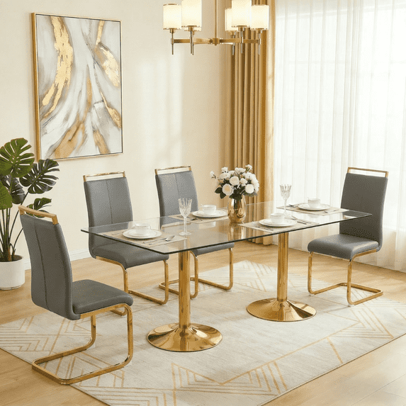 Hi loPres 5-Piece Dining Set, 71" Tempered Glass Table with Gold Metal Pedestal Base and 4 Dark Gray PU Leather Chairs with Gold Legs for Dining Room