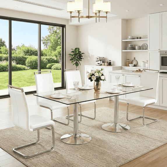 Hi loPres 5-Piece Dining Set, 71" Tempered Glass Table with Silver Metal Pedestal Base and 4 White PU Leather Chairs with Silver Legs for Dining Room