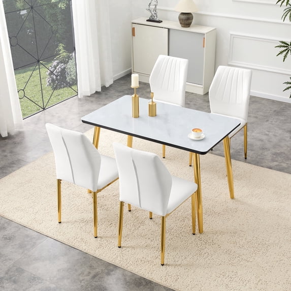 Hi loPres 5-Piece Dining Set for Apartments, 47" White Faux Marble Table with 4 Shell-Back White PU Chairs, 1.3" Thick Top and Stable Gold Metal Legs Suite