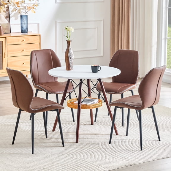Hi loPres 5-Piece Dining Table Set for 4, 31.5" White Round Desk with Storage Basket, Four Reddish-Brown PU Chairs, Modern Apartment Kitchen