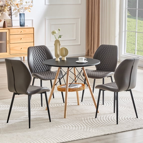 Hi loPres 5-Piece Round Dining Table Set, 31.5" Black Desk with Storage Basket, 4 Dark Gray Quilted PU Chairs for Small Apartment Nook