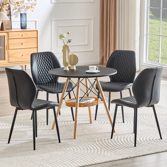 Hi loPres 5-Piece Round Dining Table Set, 31.5" MDF Desk with Storage Basket, 4 Black Quilted PU Chairs for Small Apartment Nook