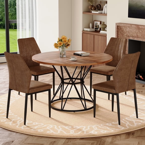 Hi loPres 5-Piece Round Dining Table Set, 47.3-Inch Walnut MDF Desk with Black Hourglass Base, 4 Brown Fabric Chairs for Kitchen Cafe