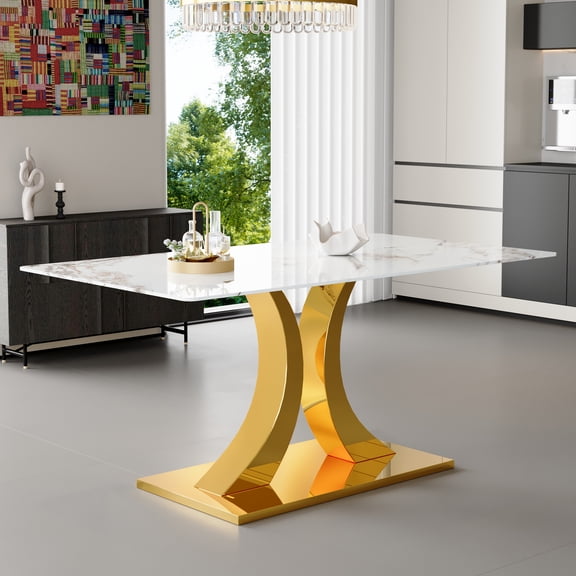 Hi loPres 63-Inch Rectangular Dining Table for 6-8, White Faux Marble Tempered Glass and DIY Gold Stainless Steel Legs in Kitchen Apartment Restaurant