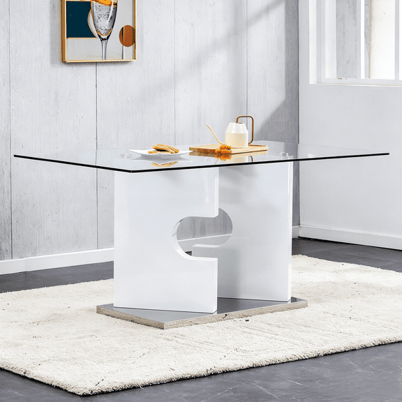 Hi loPres 63-Inch Rectangular Dining Table, Clear Tempered Glass Top with White MDF Pedestal Silver Base for Kitchen Office