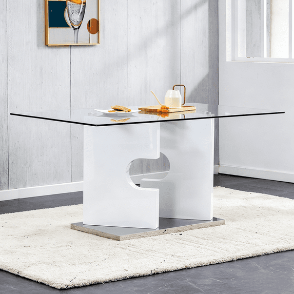 Hi loPres 63-Inch Rectangular Dining Table, Clear Tempered Glass Top with White MDF Pedestal Silver Base for Kitchen Office