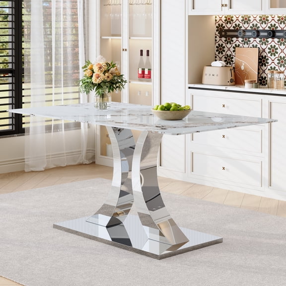 Hi loPres 63-Inch Rectangular Dining Table for 6-8, Pandora White Tempered Glass and Transformable Silver Stainless Steel Base in Kitchen Apartment