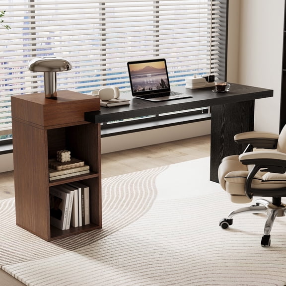 Hi loPres 67" L-Shaped Console Table, Modern Two-Tone Walnut and Black Wood Grain End Desk with 2-Tier Open Shelves for Living Room Sofa, Entryway