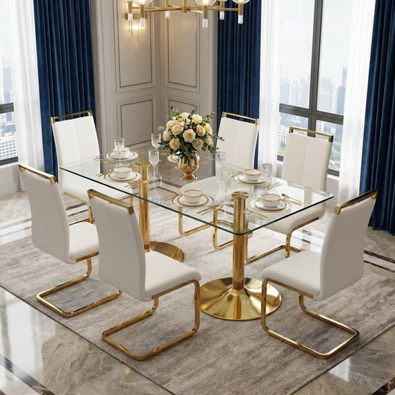 Hi loPres 7-Piece Dining Set, 71" Tempered Glass Table with Gold Metal Pedestal Base and 6 White PU Leather Chairs with Gold Legs for Dining Room