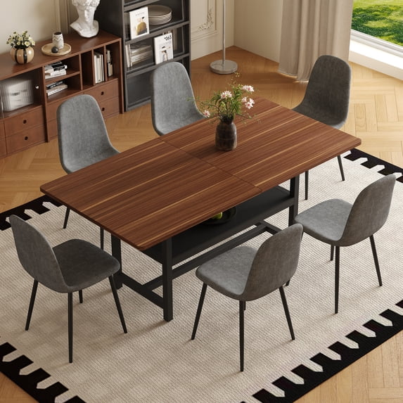 Hi loPres 71" Dining Table Set for 6 with Storage Shelf, Modern Walnut Wood Grain Kitchen Table and 6 Dark gray Linen Fabric Chairs for Dining Room and Home Office