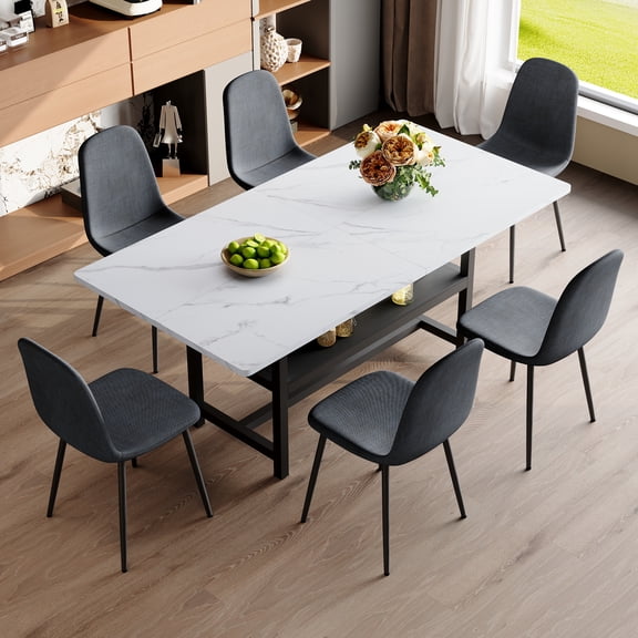 Hi loPres 71" Dining Table Set for 6 with Storage Shelf, Modern White Textured Kitchen Table and 6 Dark gray Linen Fabric Chairs for Dining Room and Home Office