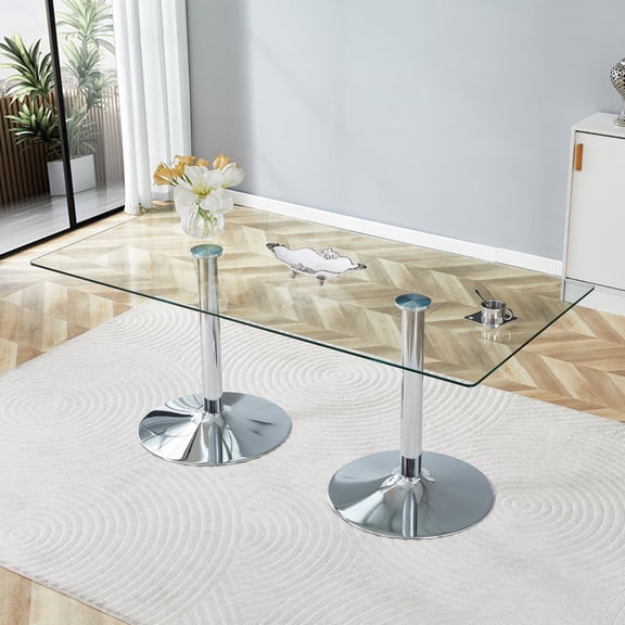 Hi loPres 71" Glass Dining Table with Silver Pedestal, Large Modern Tempered Glass Table for 6-8, Stable and Reliable Centerpiece for Home Office