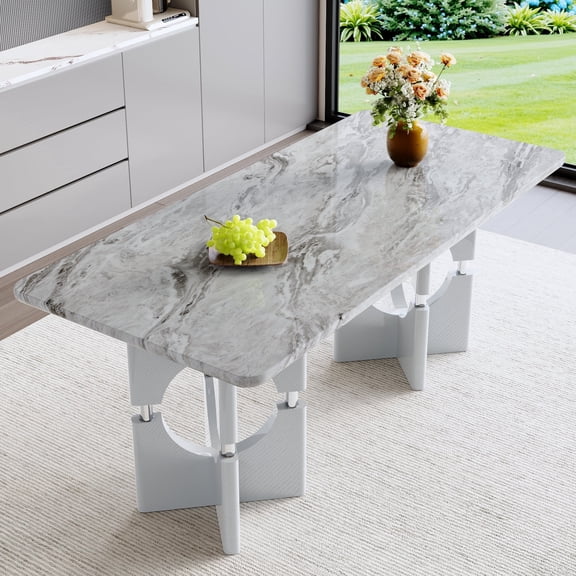 Hi loPres 71" Gray Faux Marble Dining Table for 6-8, Modern Rectangular Kitchen Desk with Sculptural Hollow-Out Base for Apartment & Home Office Use