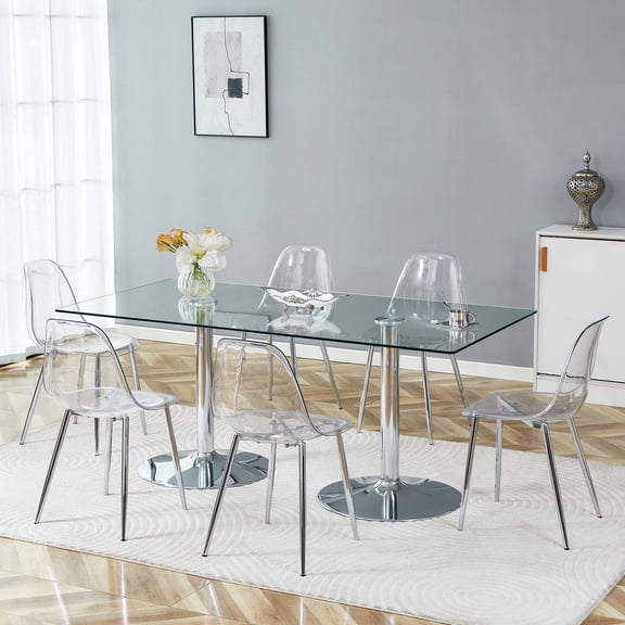 Hi loPres 71" Luxury Glass Dining Table with 6 Clear Acrylic Silver Leg Chairs, Modern 6-Person Gathering Center with Silver Pedestal for Chic Dining Room