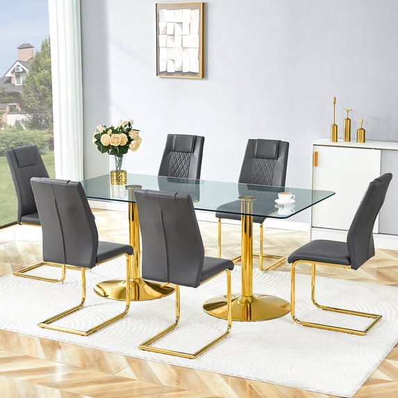 Hi loPres 71" Luxury Glass Dining Table with 6 Dark Gray Gold Cantilever Chairs, Modern 6-Person Gathering Center with Gold Pedestal for Chic Dining Room