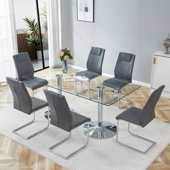 Hi loPres 71" Luxury Glass Dining Table with 6 Dark Gray Silver Cantilever Chairs, Modern 6-Person Gathering Center with Silver Pedestal for Chic Dining Room