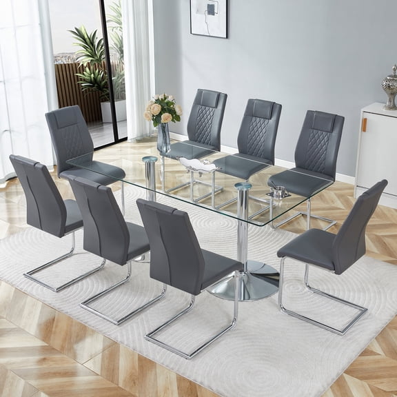 Hi loPres 71" Luxury Glass Dining Table with 8 Dark Gray Silver Cantilever Chairs, Modern 8-Person Gathering Center with Silver Pedestal for Chic Dining Room