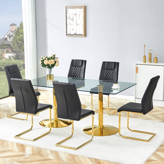 Hi loPres 71" Luxury Glass Dining Table with 6 Black Gold Cantilever Chairs, Modern 6-Person Gathering Center with Gold Pedestal for Chic Dining Room
