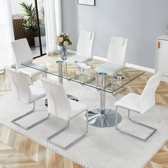Hi loPres 71" Luxury Glass Dining Table with 6 White Cantilever Chairs, Modern 6-Person Gathering Center with Silver Pedestal for Chic Dining Room