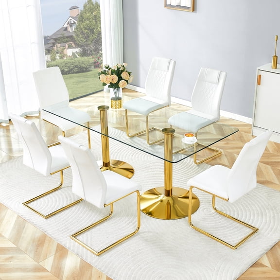 Hi loPres 71" Luxury Glass Dining Table with 6 White Gold Cantilever Chairs, Modern 6-Person Gathering Center with Gold Pedestal for Chic Dining Room