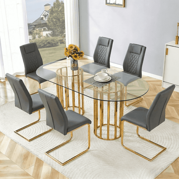 Hi loPres 71" Luxury Modern 6-Person Dining Table Set, Oval Tempered Glass Top with Gray PU Gold Legs Chairs, Kitchen Furniture for Family Gathering