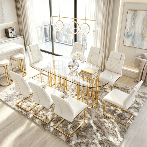 Hi loPres 71" Luxury Modern 8-Person Dining Table Set, Oval Tempered Glass Top with White PU Gold Legs Chairs, Kitchen Furniture for Family Gathering