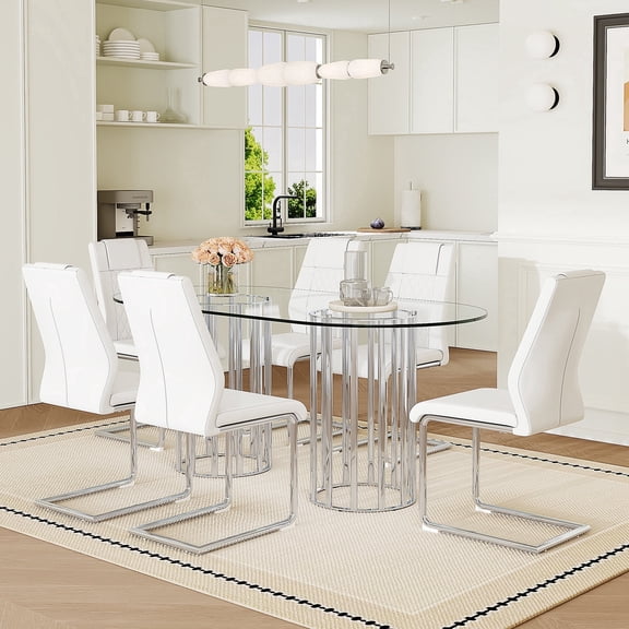 Hi loPres 71" Modern 6-Person Dining Table Set, Oval Tempered Glass Top with White PU Silver Legs Chairs, Kitchen Furniture for Family Gathering