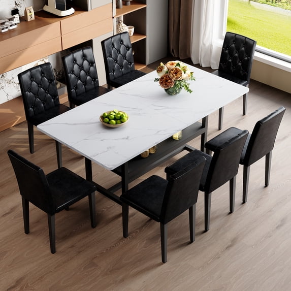 Hi loPres 71" Modern Dining Table Set for 8 with Storage Shelf, Stylish White Textured Kitchen Table and 8 Premium Black PU Leather Chairs for Dining Room