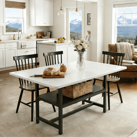 Hi loPres 71" Modern Dining Table with Storage Shelf, Stylish White Textured MDF Kitchen Table with Black Metal Legs for Dining Room and Home Office