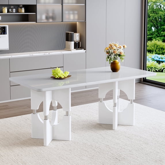Hi loPres 71" White Faux Marble Dining Table for 6-8, Modern Rectangular Kitchen Desk with Sculptural Hollow-Out Base for Apartment & Home Office Use