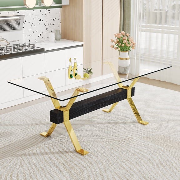 Hi loPres 78.74-Inch Rectangular Dining Table, Clear Tempered Glass Top with Gold Metal Legs Black Crossbar for Kitchen Office