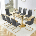 thumbnail image 1 of Hi loPres 9-Piece Dining Set, 71" Tempered Glass Table with Gold Metal Pedestal Base and 8 Dark Gray PU Leather Chairs with Gold Legs for Dining Room, 1 of 7