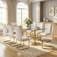 thumbnail image 1 of Hi loPres 9-Piece Dining Set, 71" Tempered Glass Table with Gold Metal Pedestal Base and 8 White PU Leather Chairs with Gold Legs for Dining Room, 1 of 8