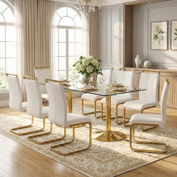 Hi loPres 9-Piece Dining Set, 71" Tempered Glass Table with Gold Metal Pedestal Base and 8 White PU Leather Chairs with Gold Legs for Dining Room