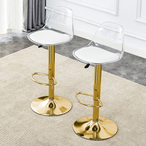 Hi loPres Adjustable Swivel Bar Stools Set of 2, Clear PET Back White PU Seat with Gold Metal Base for Kitchen Counter