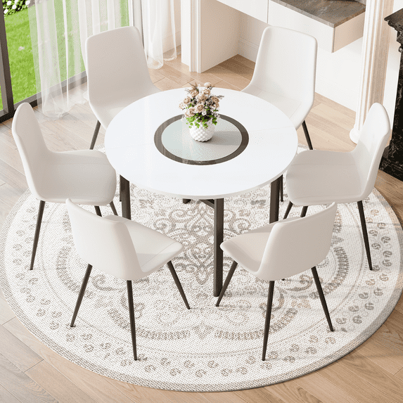 Hi loPres Dining Table Set for 6, 42" 2-Tier Modern Round Table with Storage Shelf and Gray Glass Inlay, 6 White PU Leather Chairs for Dining Room and Living Room