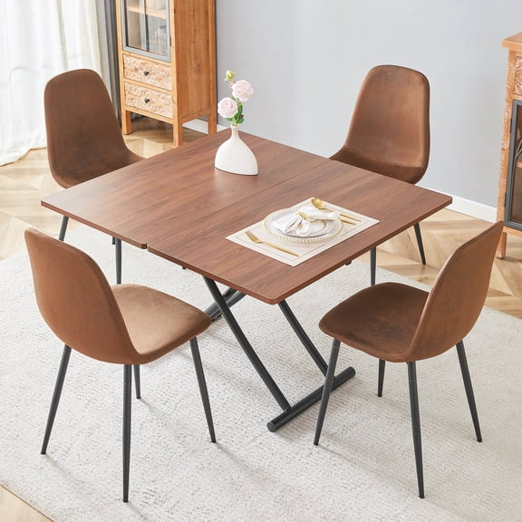 Hi loPres Folding Dining Table Set for 4 with Lift Top, 5-Piece Space Saving Kitchen Table Set, Brown Suede Chairs & Adjustable Walnut Table for Small Space
