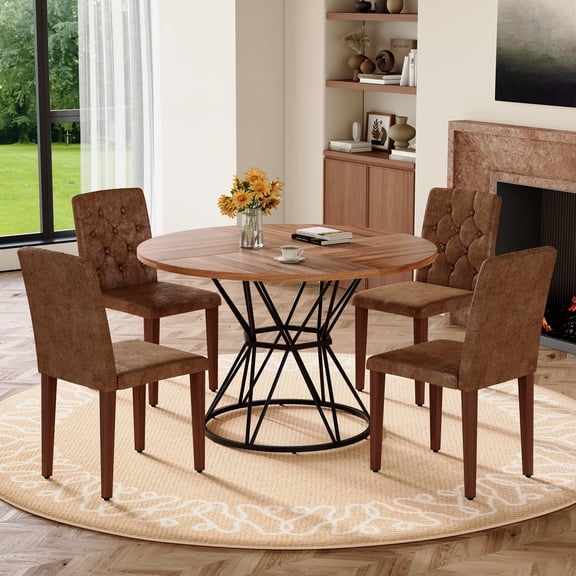 Hi loPres Round Dining Table Set for 4, 47.3-Inch Walnut MDF Desk with Black Hourglass Base, Brown Tufted Fabric Chairs in Apartment Kitchen