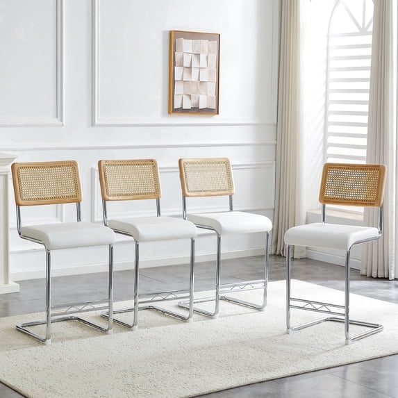 Hi loPres Set of 4 Modern Boho Bar Stools, 25" Counter Height Kitchen Island Stools with Hand-Woven Rattan Back & White PU Leather Seat, Silver Chrome