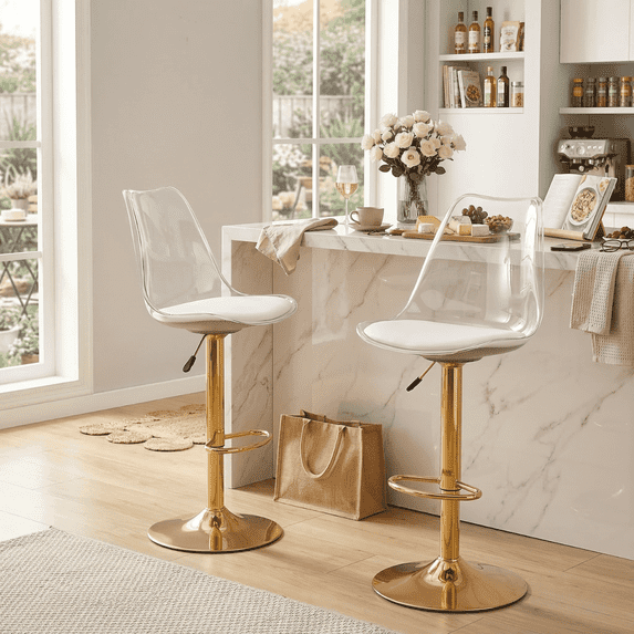 Hi loPres Set of 2 Modern Adjustable Swivel Bar Stools, Clear Backrest with Gold Metal Base Counter Height Kitchen Island Chairs