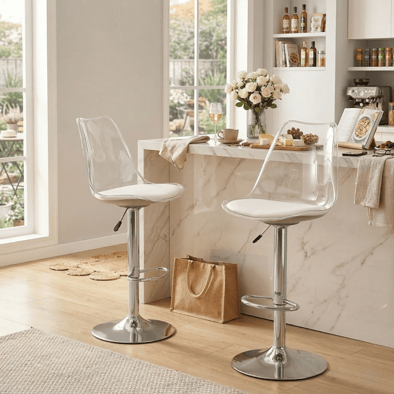 Hi loPres Set of 2 Adjustable Swivel Bar Stools, Modern Counter Chairs with Clear Backrest and Silver Base for Kitchen Island and Bar