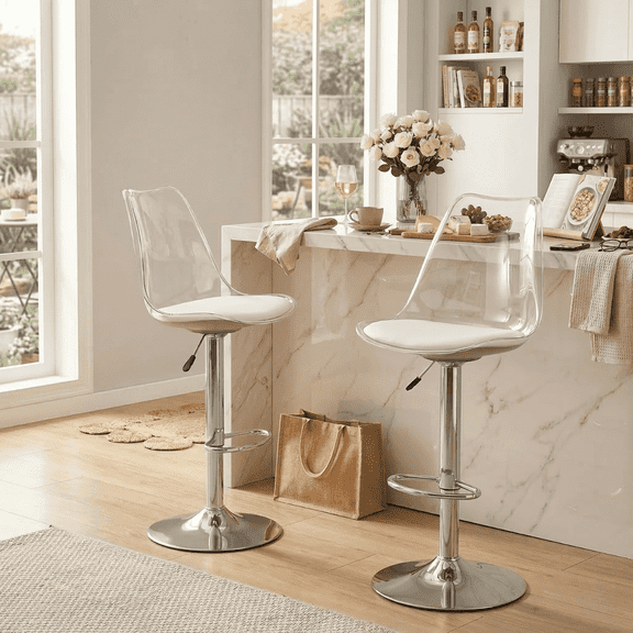 Hi loPres Set of 2 Modern Adjustable Swivel Bar Stools, Clear Backrest with Silver Metal Base Counter Height Kitchen Island Chairs